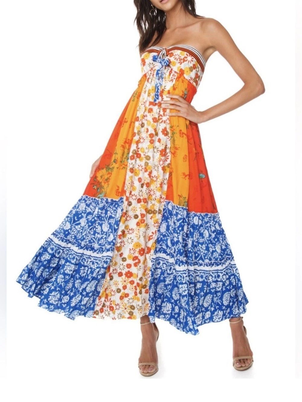 Free People Golden Dreams Strapless Boho Floral Maxi Dress Size XS